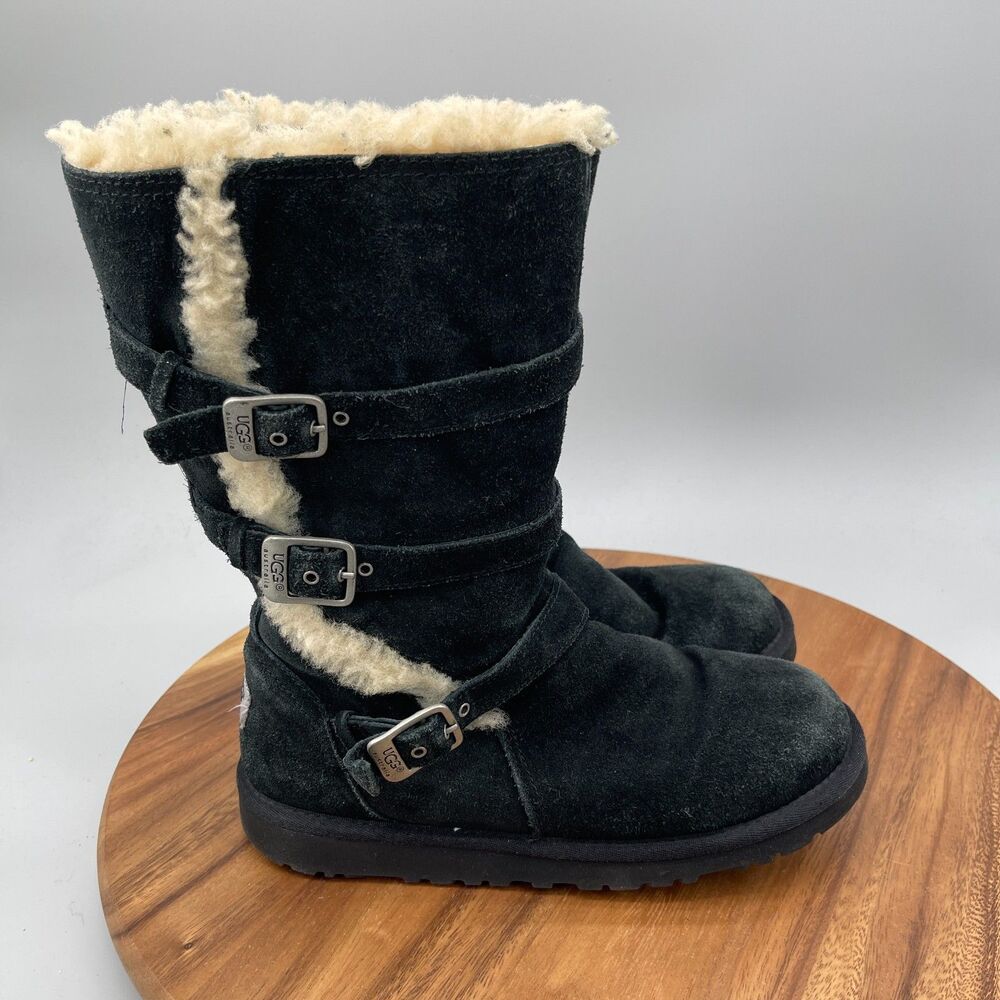 UGG Maddi Boots Girls Size 6 Black Suede Tall Zip Buckle